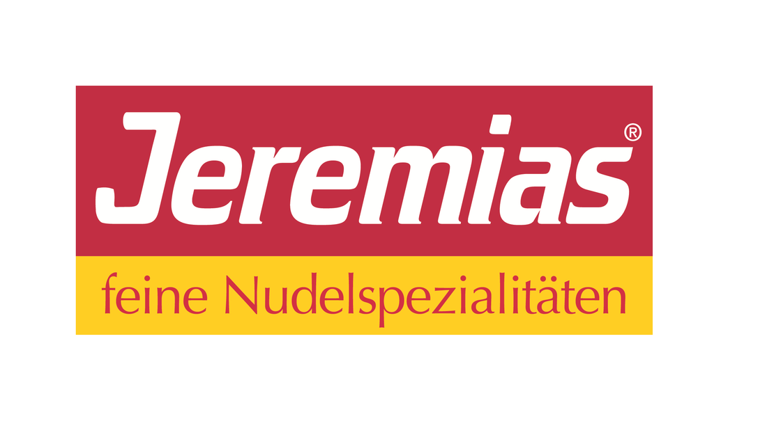 Logo mit "Jeremias" in Weiß auf rotem Hintergrund über dem deutschen Text "feine Nudelspezialitäten" in Rot auf gelbem Hintergrund.