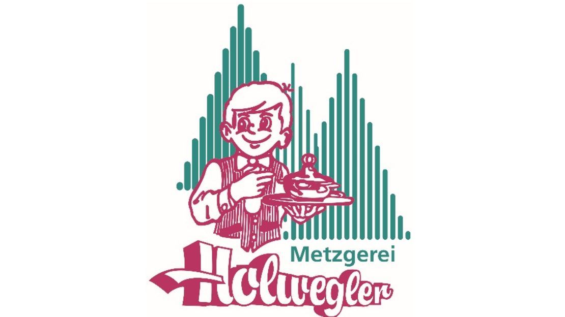 Ein stilisiertes Logo zeigt einen lächelnden Jungen in traditioneller Kleidung, der einen Teller hält, mit grünen vertikalen Linien hinter ihm. Der Text lautet "Metzgerei Haluvegler".